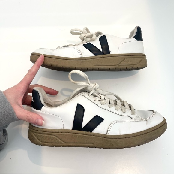 Veja V-12 White and Black Leather Dune Tie Lace Up Court Shoes Sneakers Size 7 - Picture 8 of 11